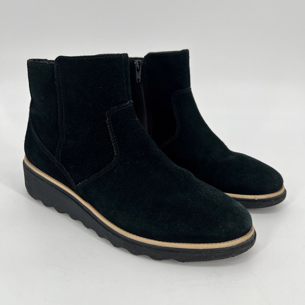 Clark’s Sharon Swing Wedge Boot Womens 9.5 Black Suede Leather Zip Ankle Bootie
